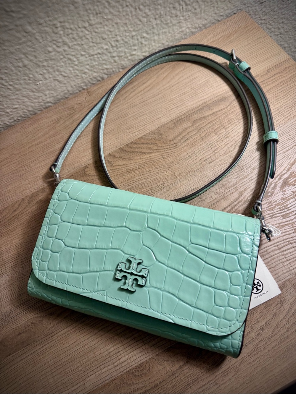 Tory Burch Mint Croc-Embossed Leather Crossbody with Logo